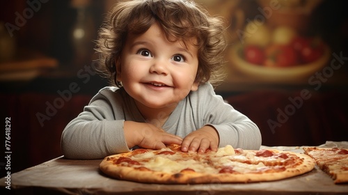 little boy  child eats pizza. happy kid and fast food. delicious Italian pastries. pizza day. baby smiles