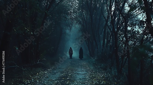 Shadowy figures glimpsed among the trees along a darkened path
