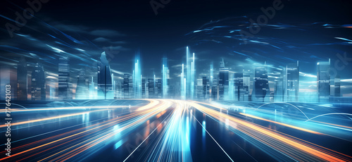 A digital cityscape background, advanced architecture and cutting-edge technology, vibrant lights of futuristic transportation metropolitan system, concept of energy, connectivity, and innovation