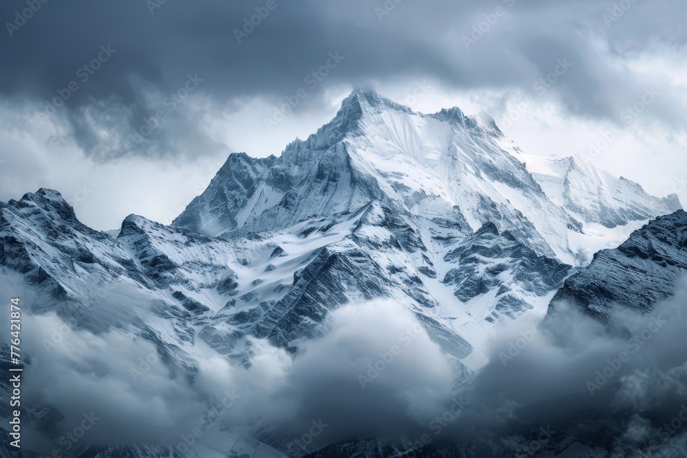 Focused snowy and dark rocky mountains under cloudy sky in winter