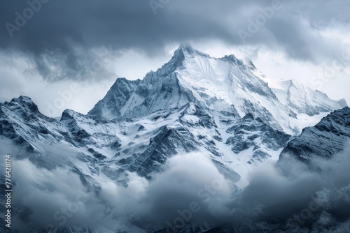 Focused snowy and dark rocky mountains under cloudy sky in winter © Aliaksandr Siamko
