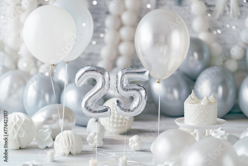 Silver helium floating balloons made in shape of number twenty-five. Birthday party or wedding anniversary for 25 years celebration. Elegant white and silver decorations	