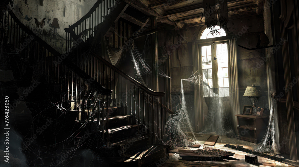An eerie, abandoned interior with a dilapidated staircase, cobwebs, and a single light source from a window casting shadows. An eerie, abandoned interior with a dilapidated staircase, cobwebs, and a single light source from a window casting shadows.