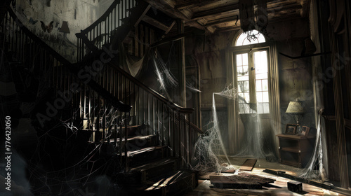 An eerie, abandoned interior with a dilapidated staircase, cobwebs, and a single light source from a window casting shadows.