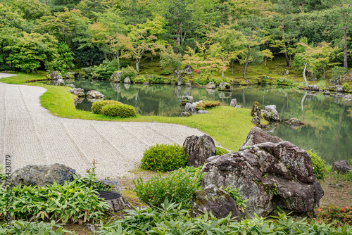 Traditional Japanese garden and Japanese rock garden. Garden in Tenryu-ji temple, Kyoto. 