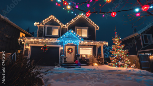 Festive House Illuminated with Christmas Decorations at Twilight