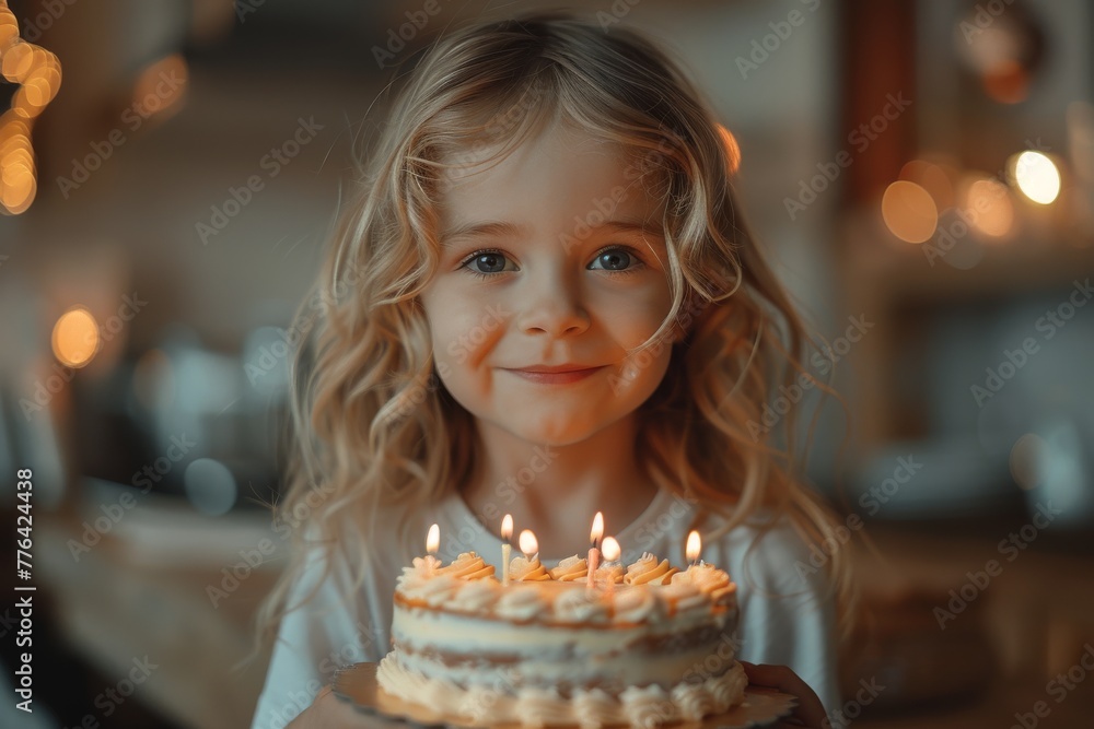 Smiling girl with blonde hair holding a birthday cake with lit candles in a cozy home setting