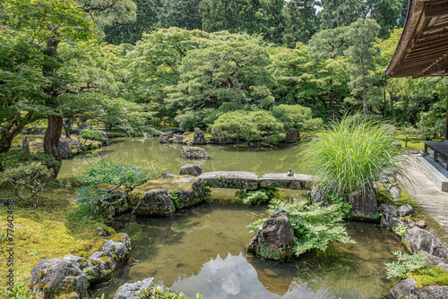 Beautiful scenery found in Gingaku Zen garden. Peaceful pond garden located in Kyoto  Japan.   