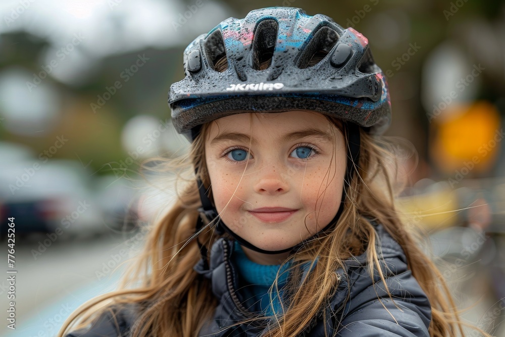 Sharp, detailed image of a focused child in a helmet, with intense blue eyes during an outdoor activity Sharp, detailed image of a focused child in a helmet, with intense blue eyes during an outdoor activity