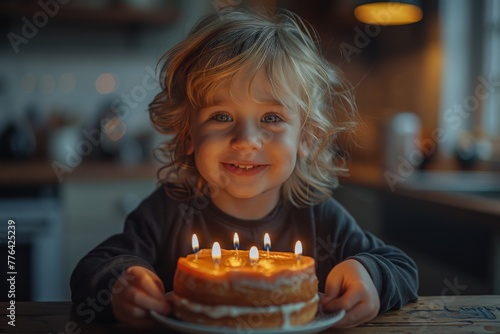 Cheerful young child holding a birthday cake with lit candles in a dimly lit room, excited eyes