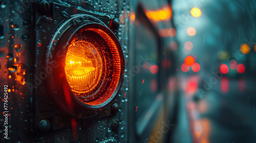 A yellow light on a train is lit up in the rain photo