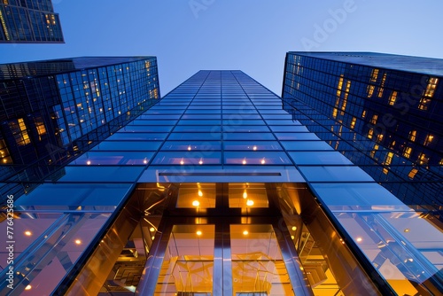 Below the entrance to an office building next to modern high-rise buildings with glass mirrored walls and illuminated lights against a cloudless blue sky