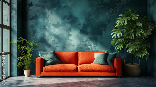Modern living room with inviting ambiance in biophilic design, vibrant orange sofa, adorned with teal cushions, positioned against textured green wall with greeny hues, indoor plants in corners photo