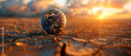Planet with dry cracked desert landscapes facing global water shortage and warming. Concept Global warming, Water shortage, Desert landscapes, Environmental crisis, Sustainable solutions photo