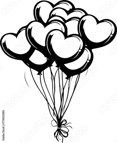 Heart-Shaped Balloons Bunch - Black Vector Line Art

