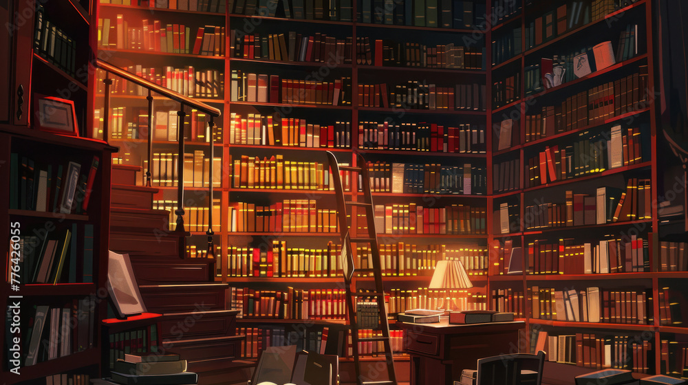 Cozy library room with towering bookshelves and warm lighting. Cozy library room with towering bookshelves and warm lighting.
