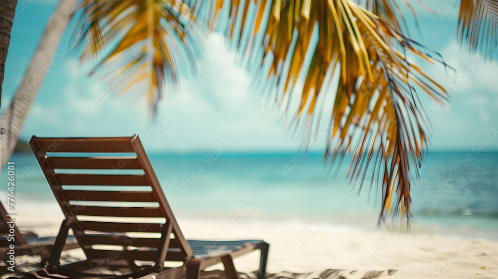 Beach chairs on tropical sand beach with palm tree and blue sea. Generative AI