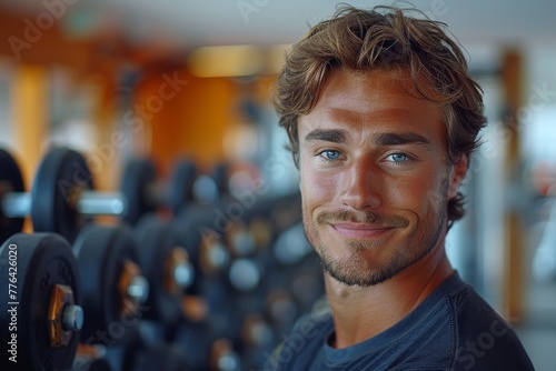 A friendly, smiling man in a causal pose at the gym, with weights in the background and a professional look