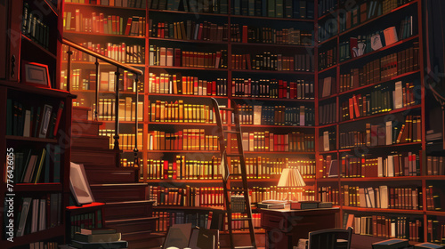 Cozy library room with towering bookshelves and warm lighting. photo