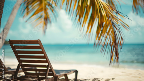 Beach chairs on tropical sand beach with palm tree and blue sea. Generative AI