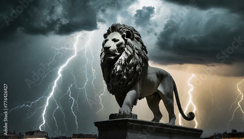 A stoic lion statue weathers the storm, creating a timeless image of power and resilience.