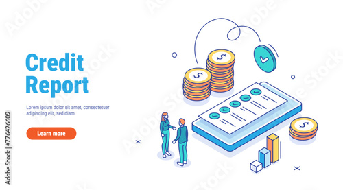 Credit report isometric concept. Approved credit bill, Payment approved. Characters with good credit score receiving loan approval from bank. Personal finance. 3d outline vector illustration.