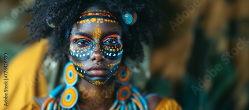 portrait of beautiful afro with different traditional clothing and accessories, face paint