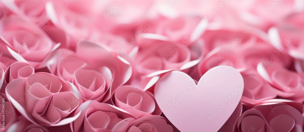 A heart-shaped paper rests on top of a pile of assorted pink papers, creating a cute and colorful composition