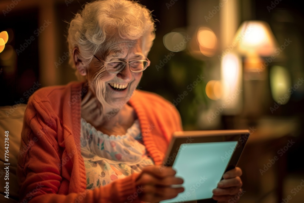 Happy elderly woman with glasses laughing joyfully while using a digital tablet at home. Senior Lady Laughing with Tablet at Night Happy elderly woman with glasses laughing joyfully while using a digital tablet at home. Senior Lady Laughing with Tablet at Night
