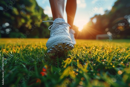 Sports shoes mid-step on green grass field with a clear focus on the shoe details