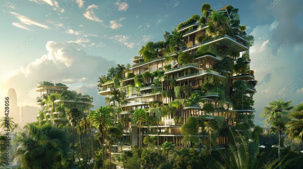 A visionary approach to city living, featuring a high-rise building with circular balconies overgrown with vegetation, demonstrating a blend of luxury housing and biodiversity