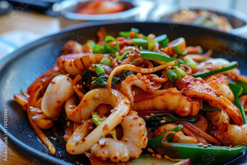 Spicy Stir-Fry: Sizzling Octopus with Vegetables on a Black Plate