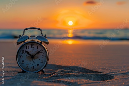 Alarm clock on sandy beach capturing the tranquil beauty of sunrise over the ocean. Alarm Clock on Beach at Sunrise