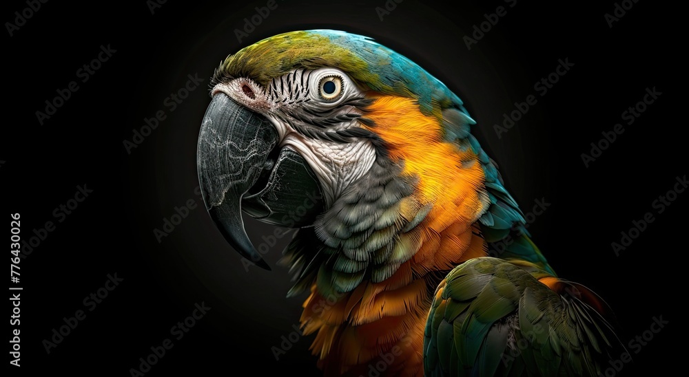 portrait of a parrot, photo studio set up with key light, isolated with black background and copy space portrait of a parrot, photo studio set up with key light, isolated with black background and copy space