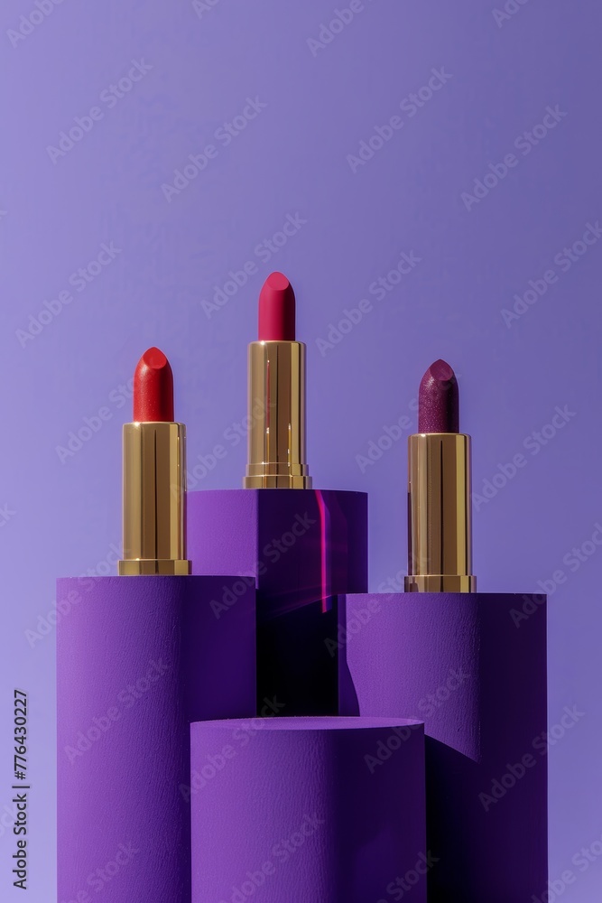 Lipstick products prsented on purple podiums - obrazy, fototapety, plakaty 