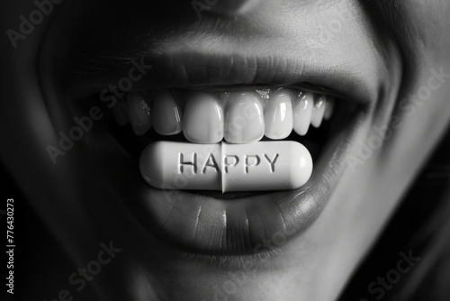 Conceptual close-up of a smile with white teeth holding a pill inscribed with 'HAPPY'. Happy Pill Concept with Smile and Teeth