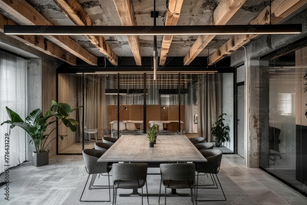 Modern coworking office in madrid, spain, featuring a spacious meeting room with a large table, gray chairs, exposed concrete beams, and a transparent glass partition