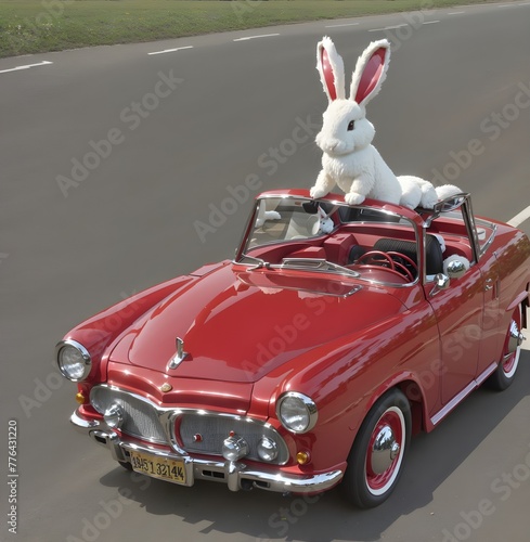 Easter bunny drives quickly to Easter in a retro red car Hd 3D PIC