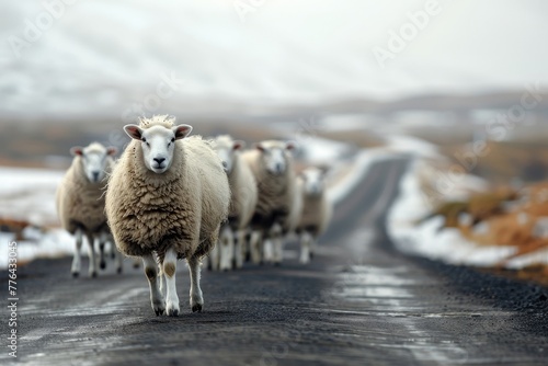 Sheep walking on the road