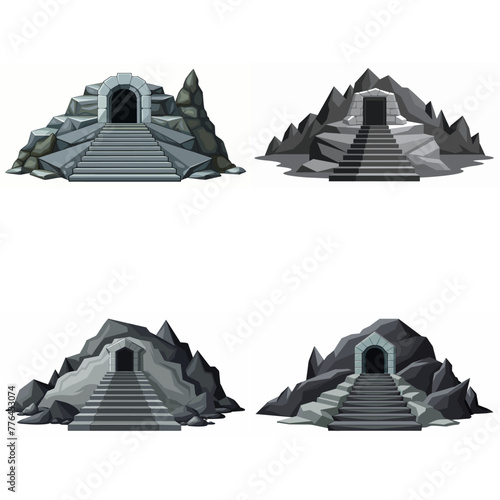 Dungeon entrance stairway set. Cave stone staircase. Gray rock cavern. Ancient dungeon, grotto Mountain tunnel entrance stairs Entry to cave underground Game location symbol. Vector object collection.