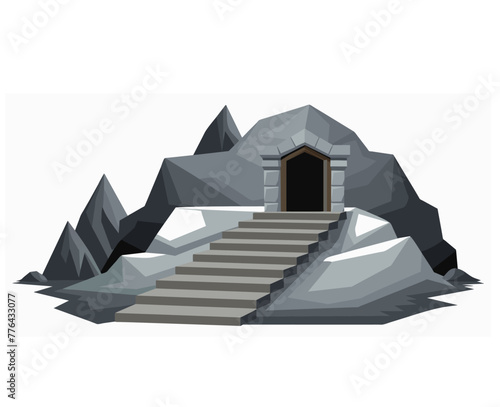 Dungeon entrance stairway. Cave stone staircase. Gray rock cavern. Ancient dungeon, grotto Mountain tunnel entrance stairs Entry to cave underground Game location symbol. Vector art object.