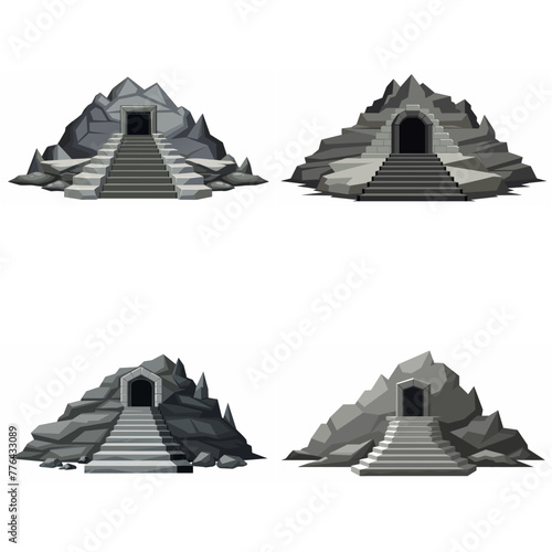 Dungeon entrance stairway set. Cave stone staircase. Gray rock cavern. Ancient dungeon, grotto Mountain tunnel entrance stairs Entry to cave underground Game location symbol. Vector object collection.