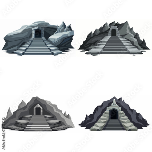 Dungeon entrance stairway set. Cave stone staircase. Gray rock cavern. Ancient dungeon, grotto Mountain tunnel entrance stairs Entry to cave underground Game location symbol. Vector object collection.