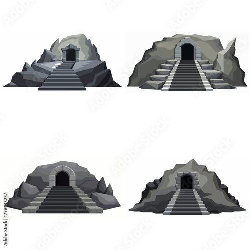 Dungeon entrance stairway set. Cave stone staircase. Gray rock cavern. Ancient dungeon, grotto Mountain tunnel entrance stairs Entry to cave underground Game location symbol. Vector object collection.