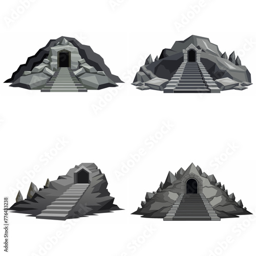 Dungeon entrance stairway set. Cave stone staircase. Gray rock cavern. Ancient dungeon, grotto Mountain tunnel entrance stairs Entry to cave underground Game location symbol. Vector object collection.