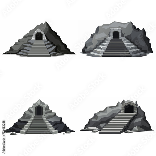 Dungeon entrance stairway set. Cave stone staircase. Gray rock cavern. Ancient dungeon, grotto Mountain tunnel entrance stairs Entry to cave underground Game location symbol. Vector object collection.