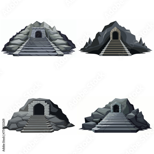 Dungeon entrance stairway set. Cave stone staircase. Gray rock cavern. Ancient dungeon, grotto Mountain tunnel entrance stairs Entry to cave underground Game location symbol. Vector object collection.