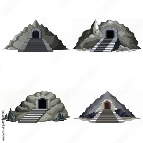 Dungeon entrance stairway set. Cave stone staircase. Gray rock cavern. Ancient dungeon, grotto Mountain tunnel entrance stairs Entry to cave underground Game location symbol. Vector object collection.