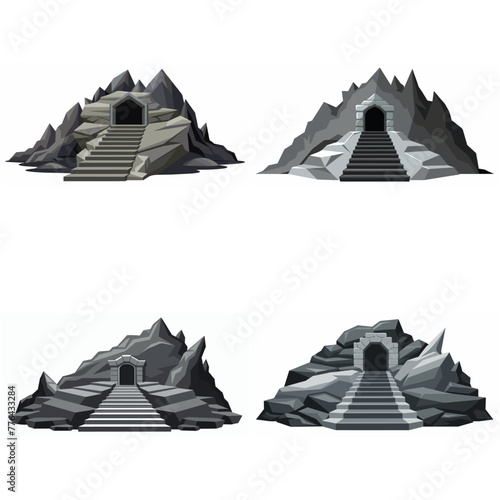 Dungeon entrance stairway set. Cave stone staircase. Gray rock cavern. Ancient dungeon, grotto Mountain tunnel entrance stairs Entry to cave underground Game location symbol. Vector object collection.