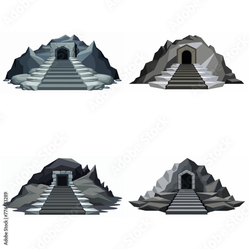 Dungeon entrance stairway set. Cave stone staircase. Gray rock cavern. Ancient dungeon, grotto Mountain tunnel entrance stairs Entry to cave underground Game location symbol. Vector object collection.